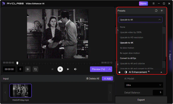 Select Upscale to HD Resolution preset in AVCLabs Video Enhancer AI